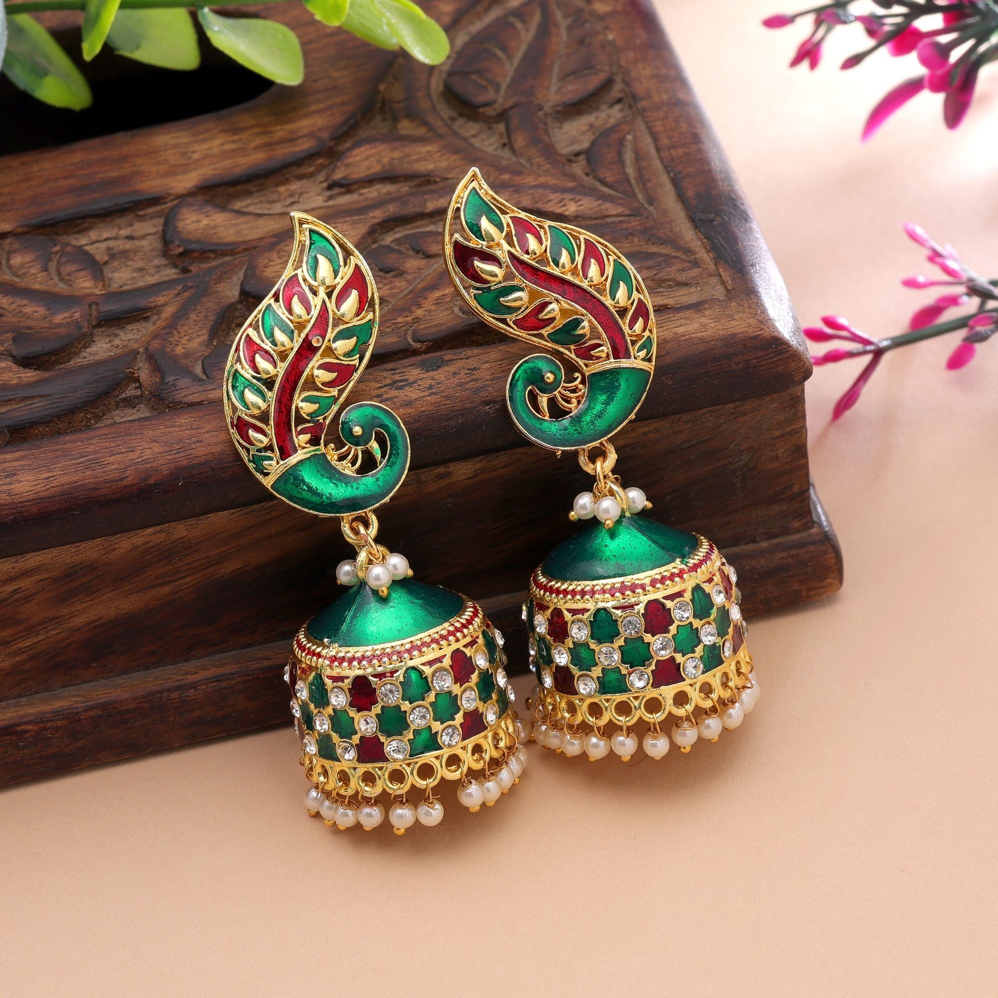 Green & Maroon Color Meenakari Earrings Festive Style