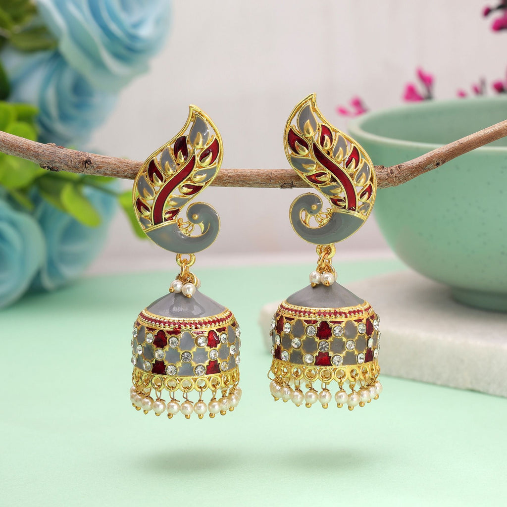 Grey & Red Color Meenakari Earrings Handmade Finish