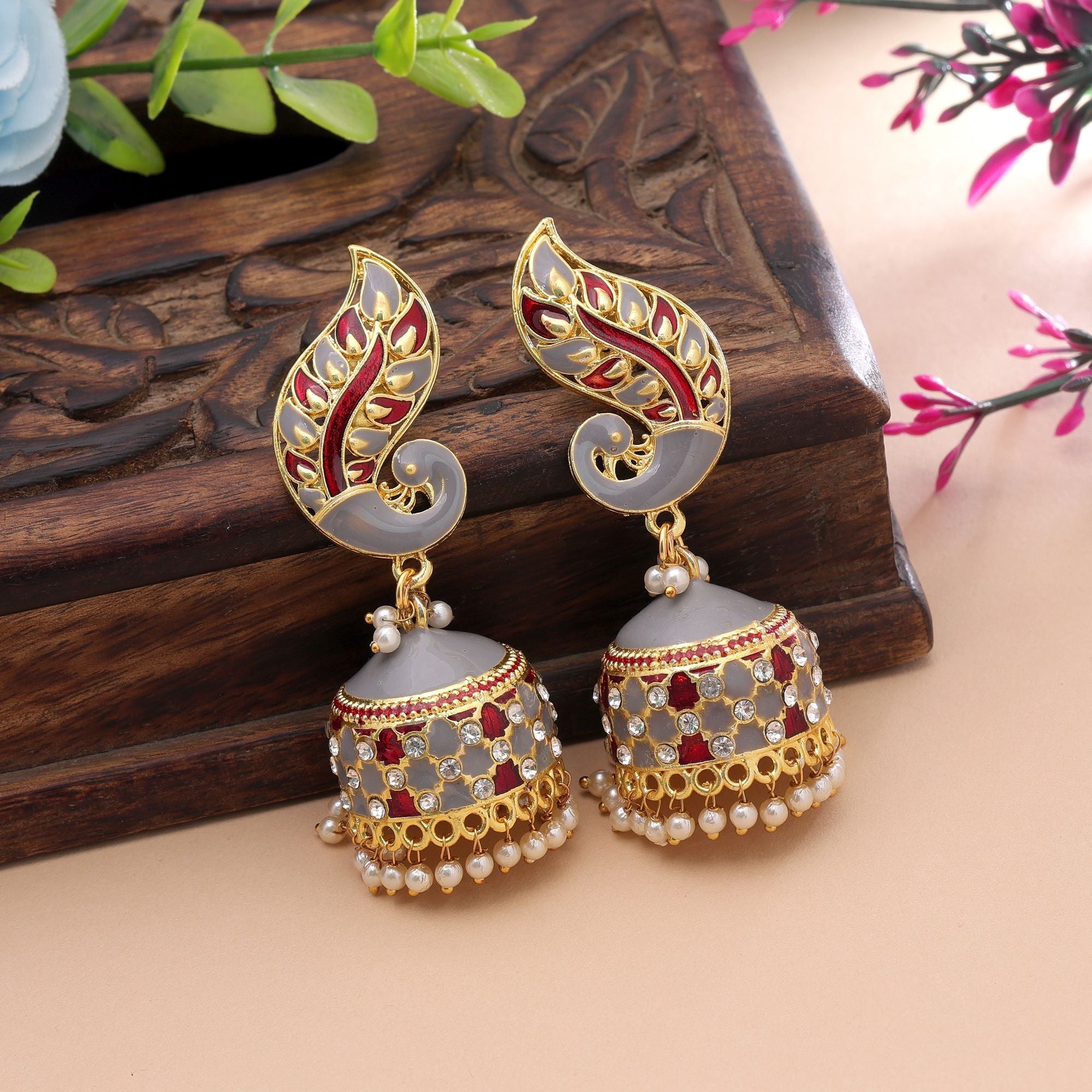 Grey & Red Color Meenakari Earrings Handmade Finish