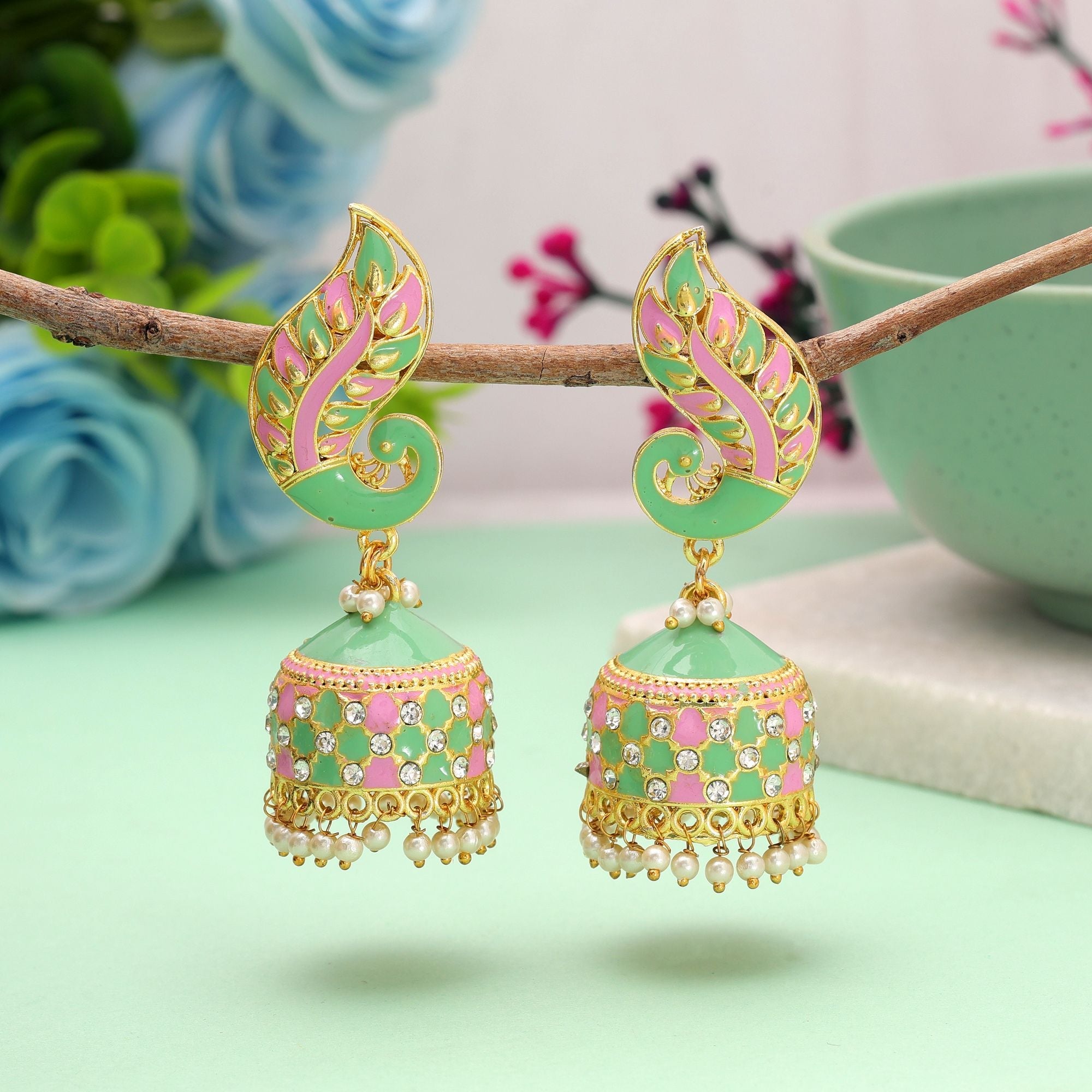 Pista Green & Pink Color Meenakari Earrings Designer