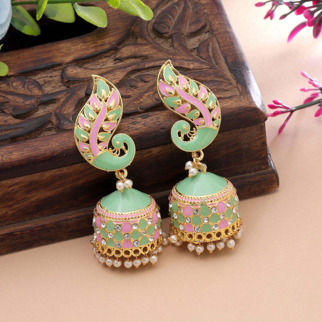Pista Green & Pink Color Meenakari Earrings Designer