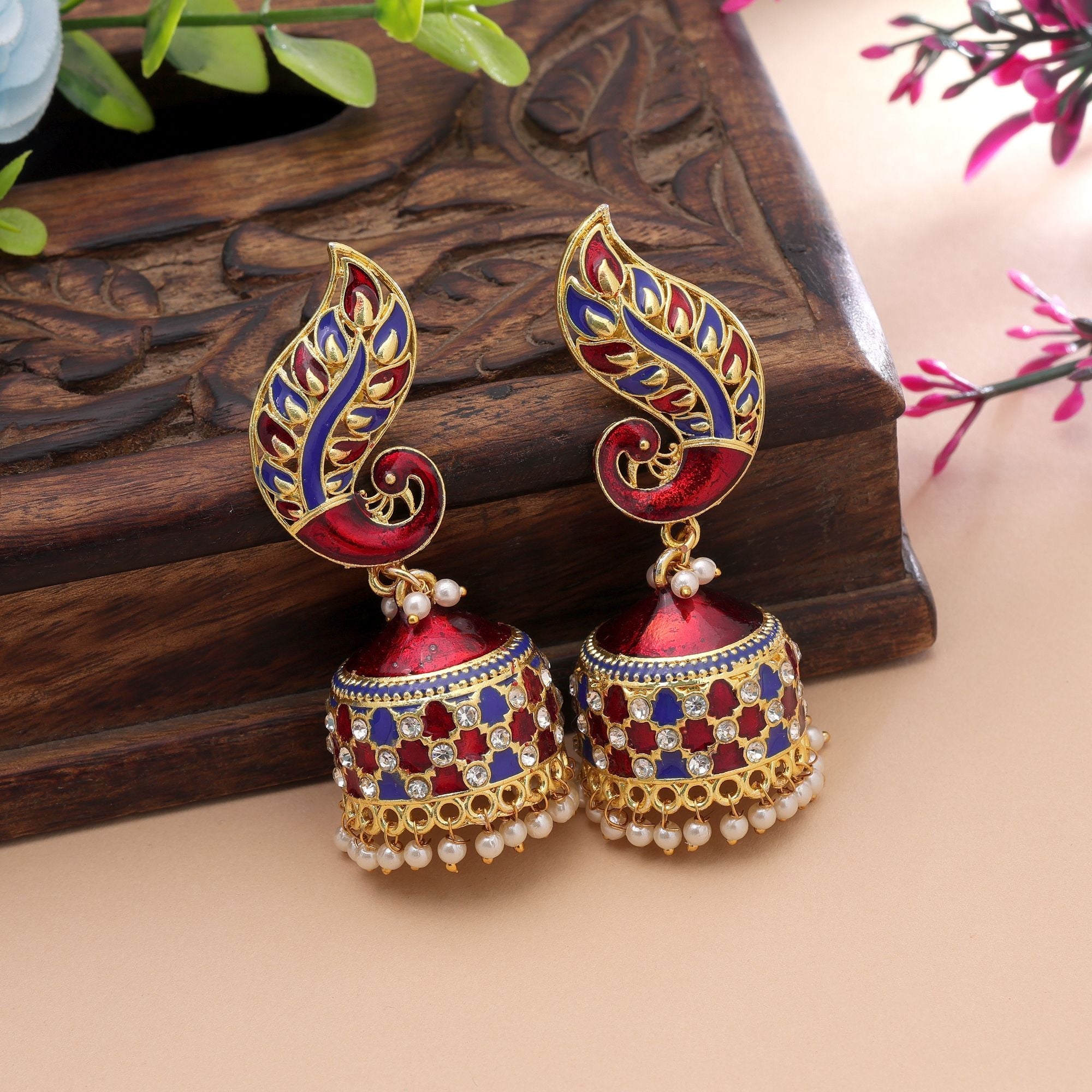 Red & Blue Color Meenakari Earrings Traditional Design