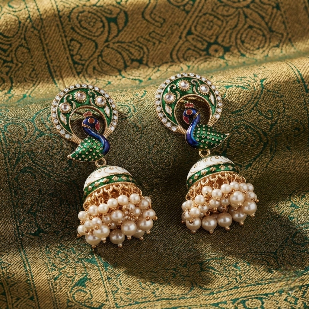 Green Color Meenakari Earrings Featuring Beautiful Handmade Ethnic Fashion Style
