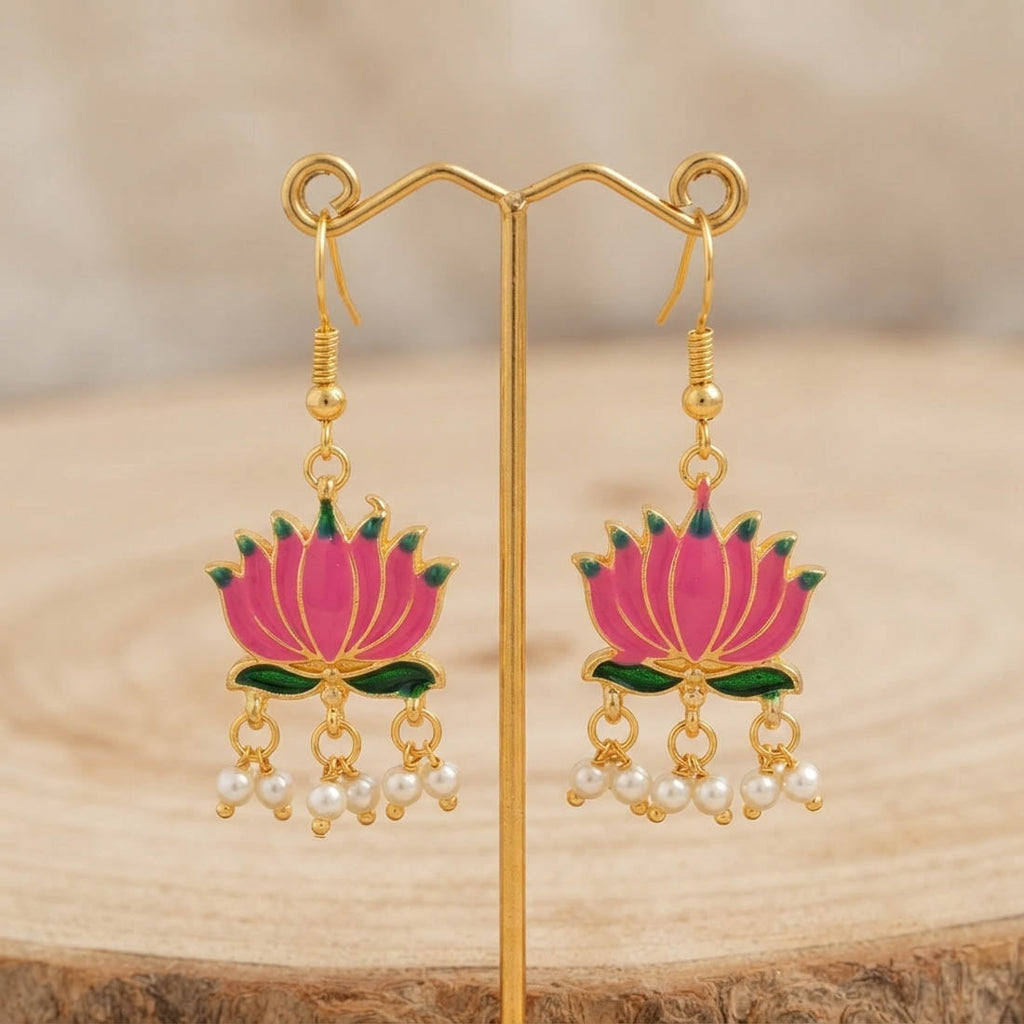 Pink Color Beautiful Lotus Design Meenakari Earrings Collection For Women And Girls
