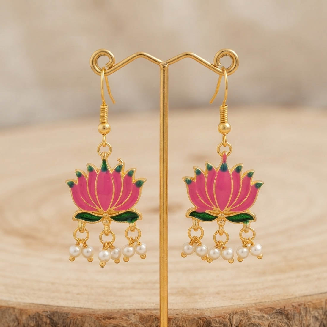 Pink Color Beautiful Lotus Design Meenakari Earrings Collection For Women And Girls