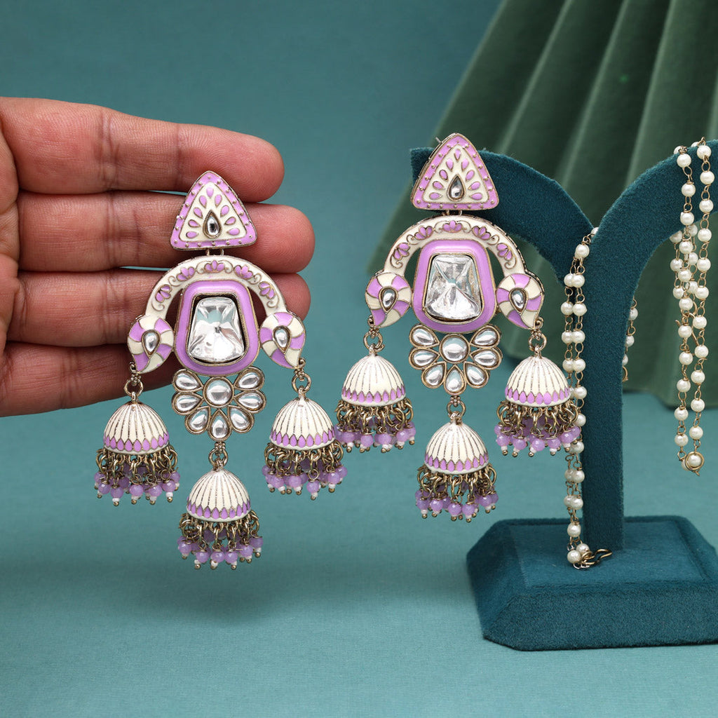 Light Purple Color Kundan Meenakari Earrings