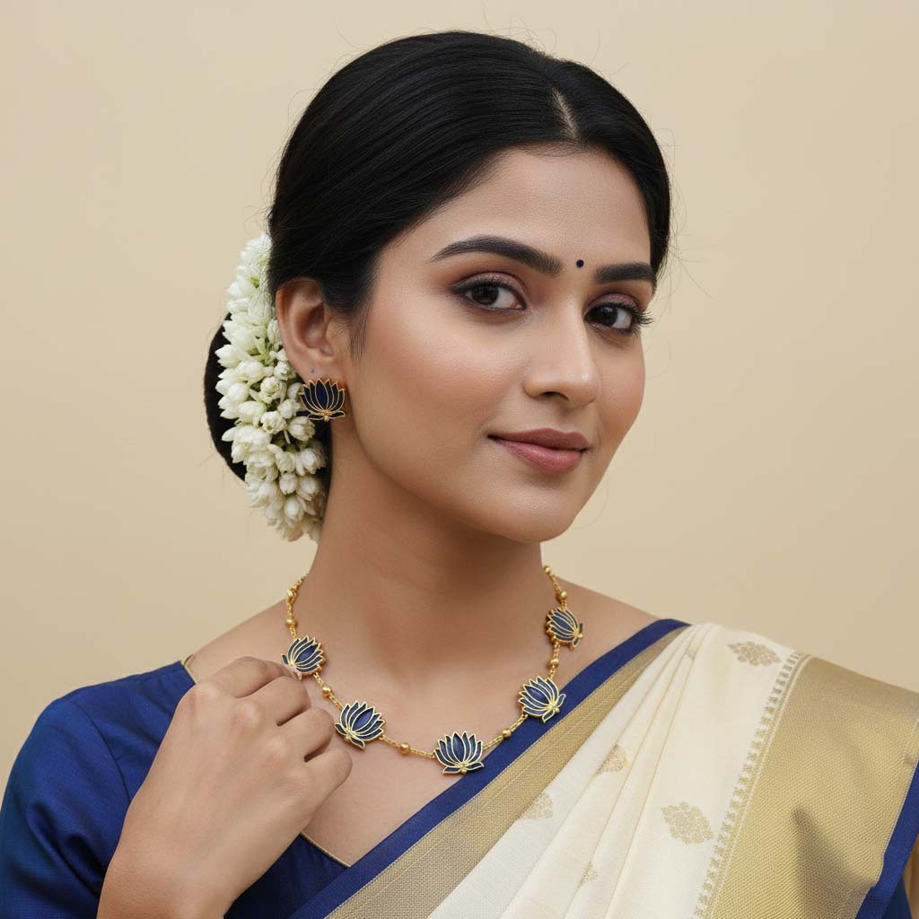 Blue Color Lotus Design Meenakari Necklace Set