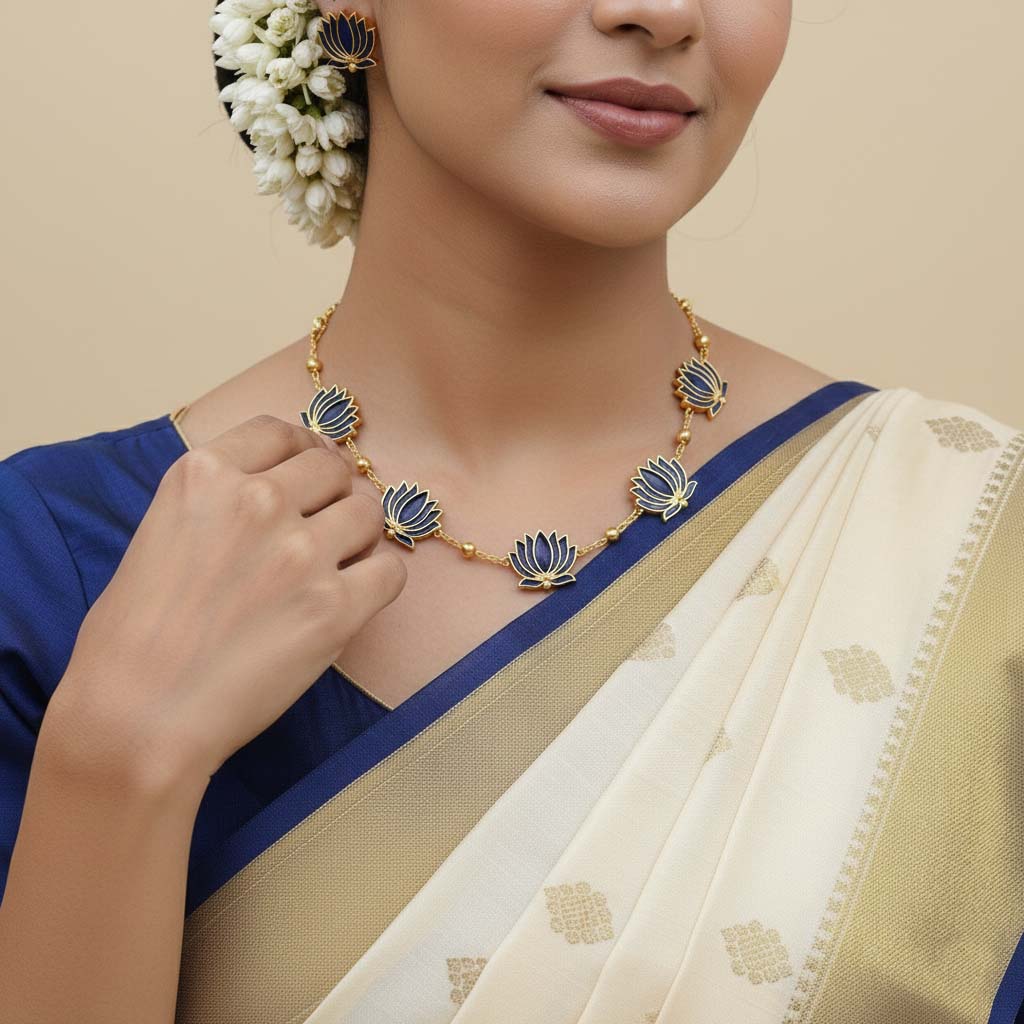 Blue Color Lotus Design Meenakari Necklace Set