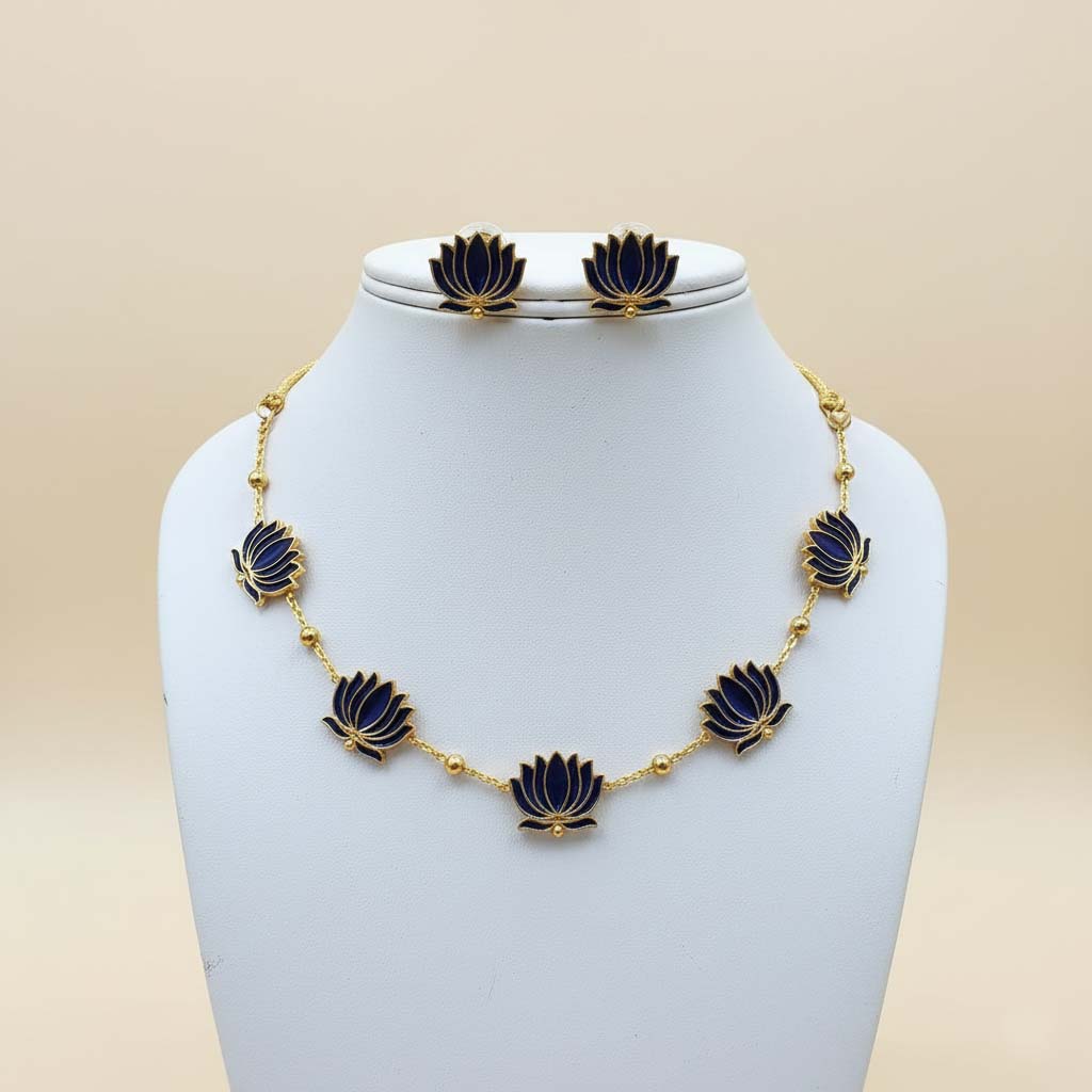 Blue Color Lotus Design Meenakari Necklace Set