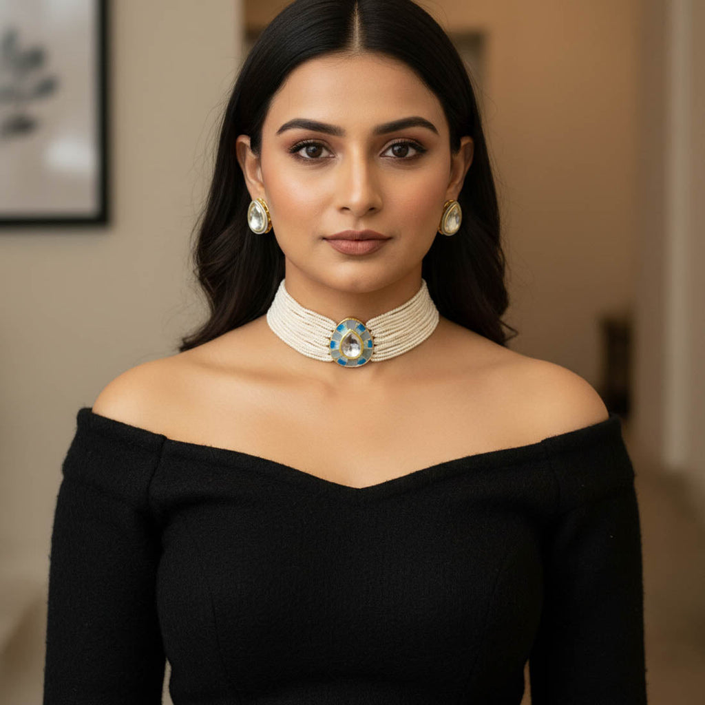 Grey & Blue Matte Gold Meenakari Necklace Set