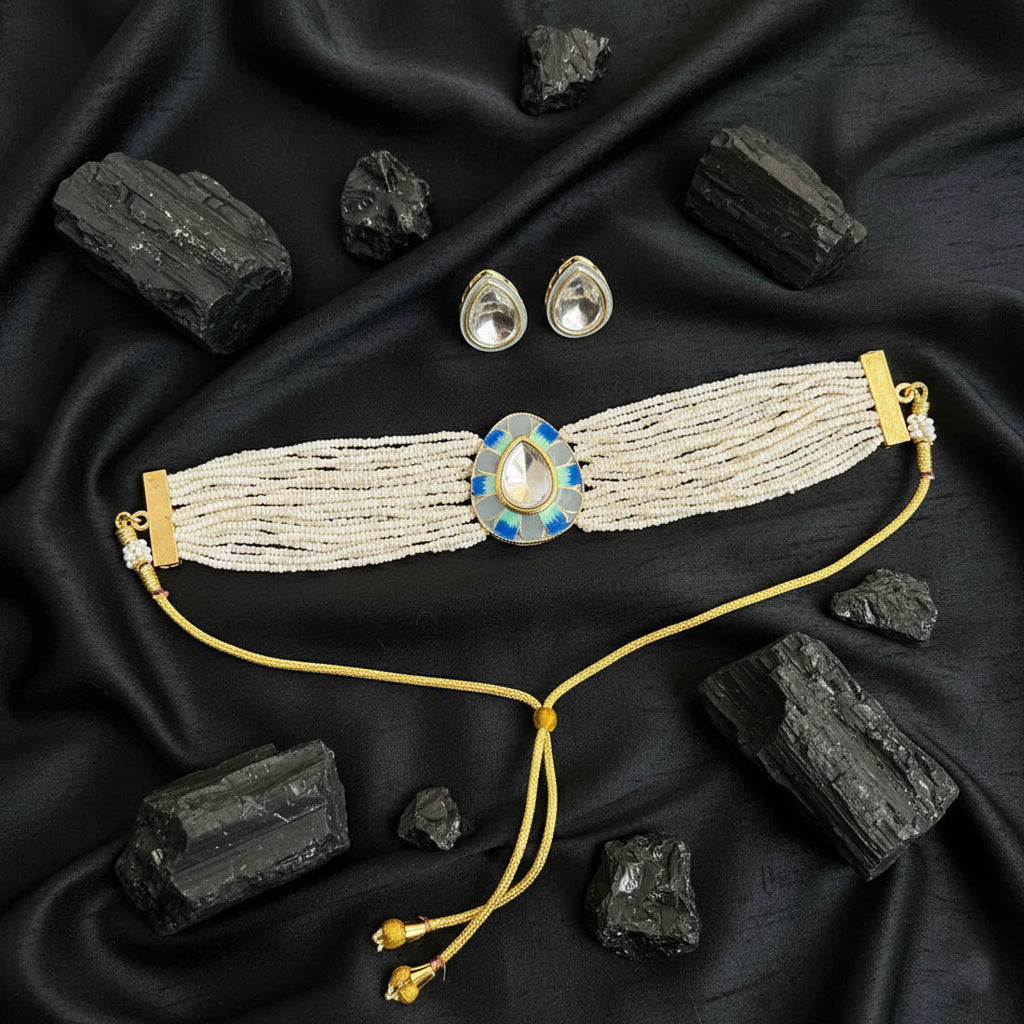 Grey & Blue Matte Gold Meenakari Necklace Set