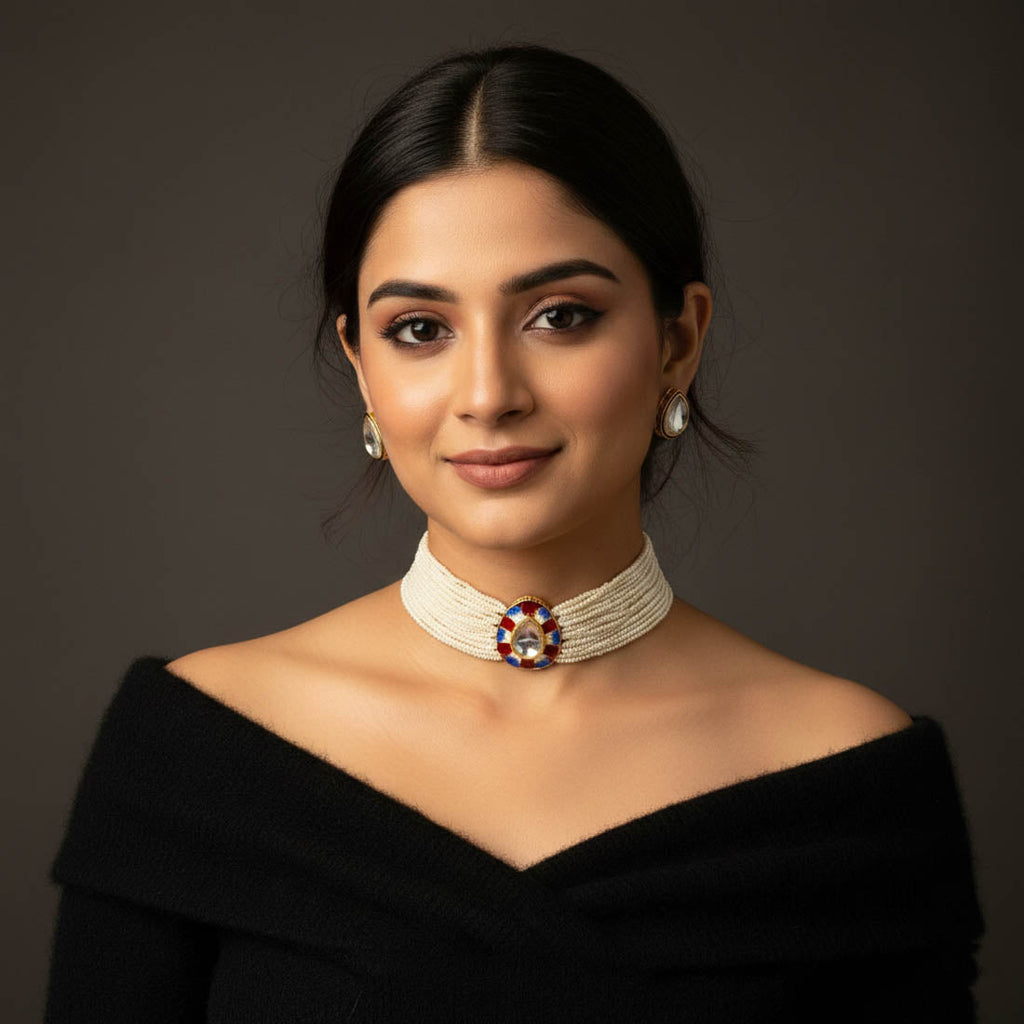 Maroon & Blue Meenakari Choker Necklace Set