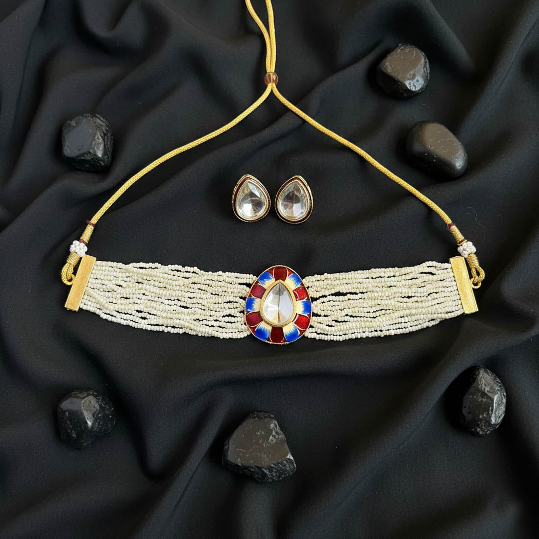Maroon & Blue Meenakari Choker Necklace Set