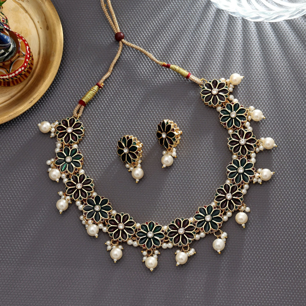 Maroon & Green Color Meenakari Necklace Set Ethnic Bridal