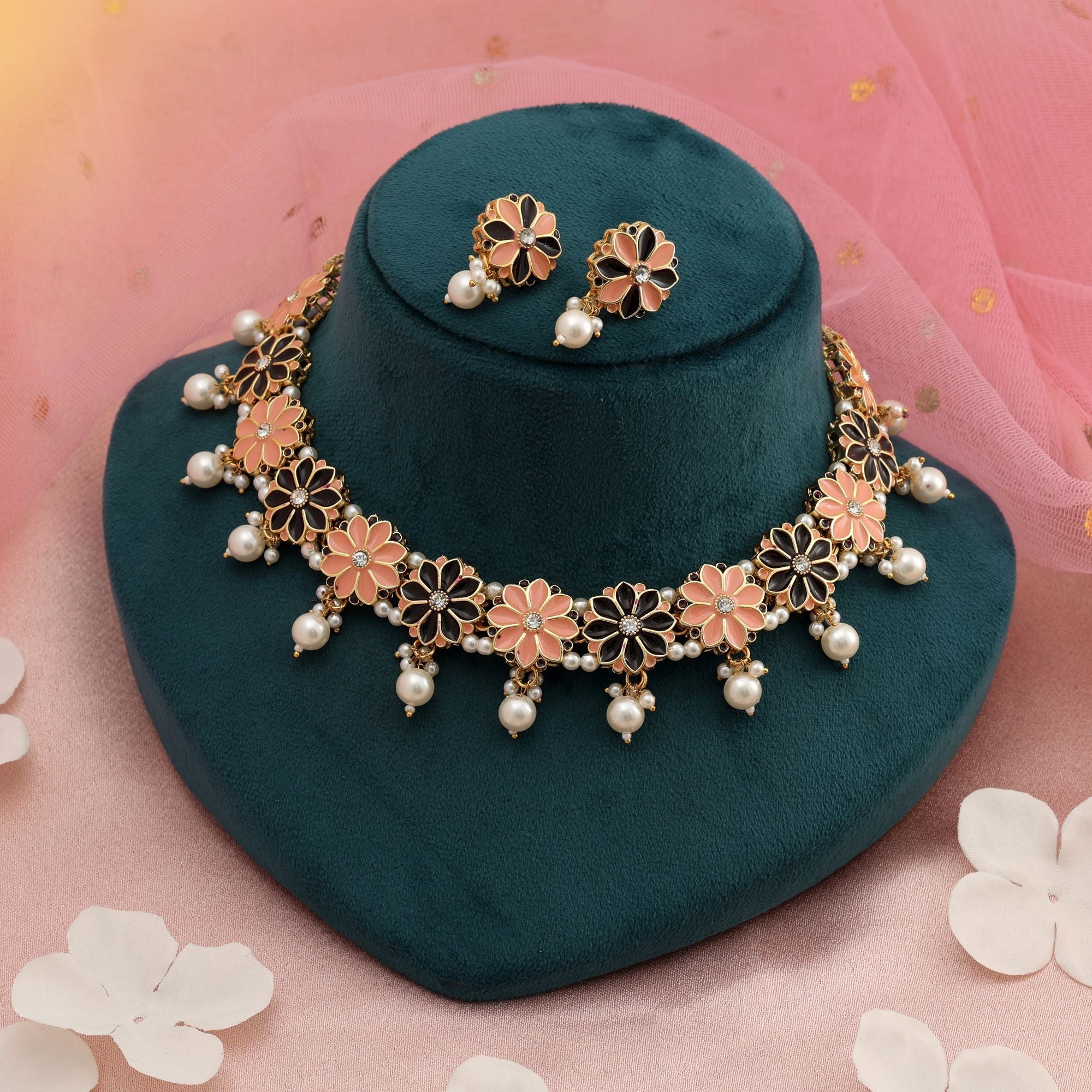 Peach & Black Color Meenakari Necklace Set Party Wear