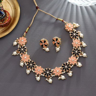 Peach & Black Color Meenakari Necklace Set Party Wear