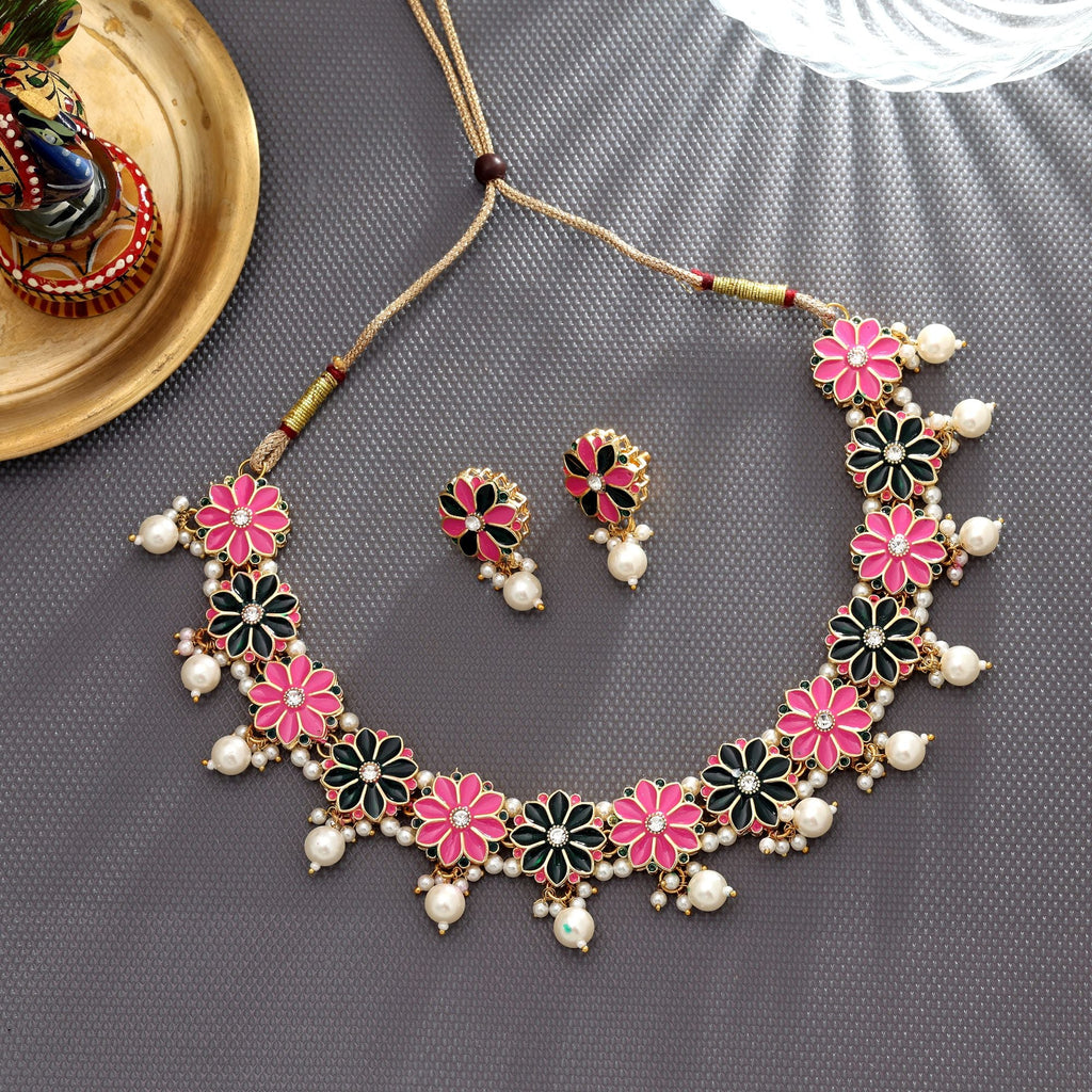 Pink & Green Color Meenakari Necklace Set Festive Wear