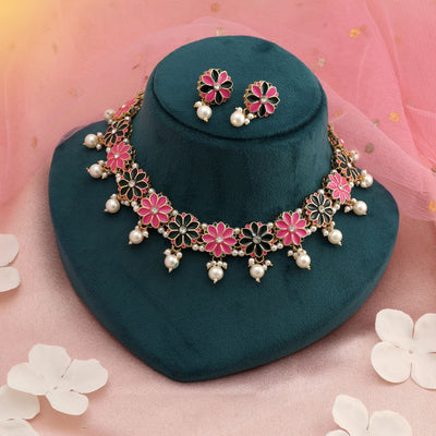 Pink & Green Color Meenakari Necklace Set Festive Wear