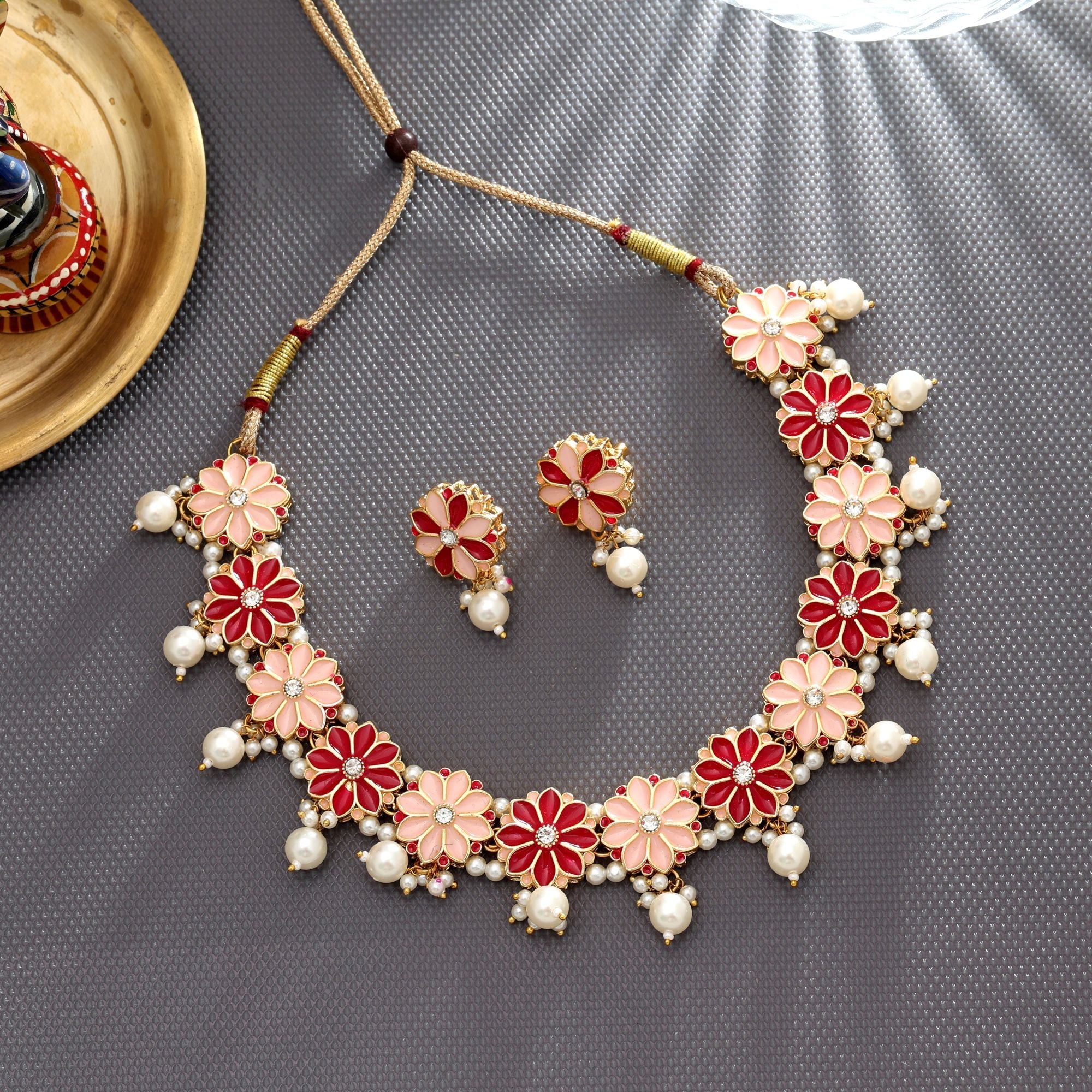 Rani & Peach Color Meenakari Necklace Set Festive Design