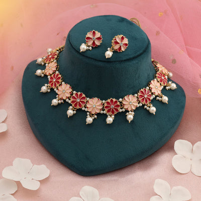 Rani & Peach Color Meenakari Necklace Set Festive Design
