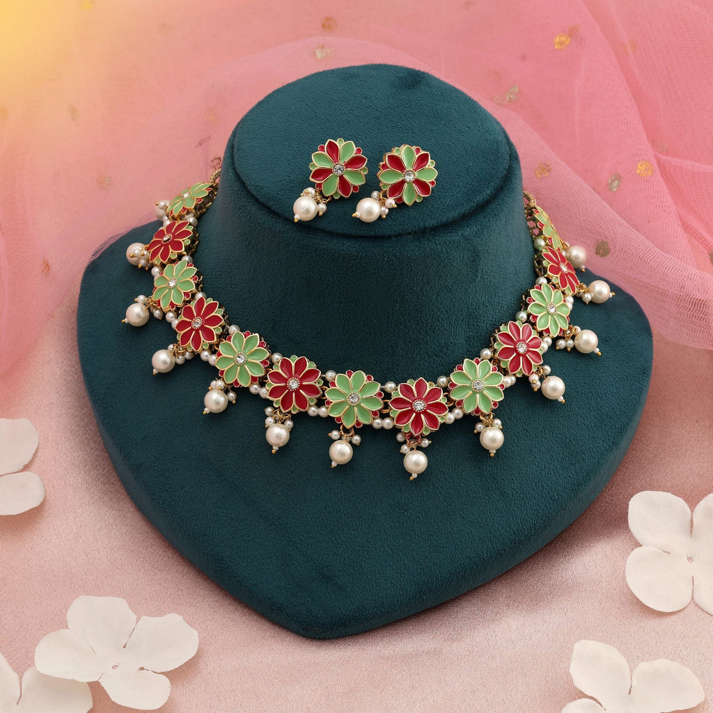 Rani & Pista Green Color Meenakari Necklace Set Bridal