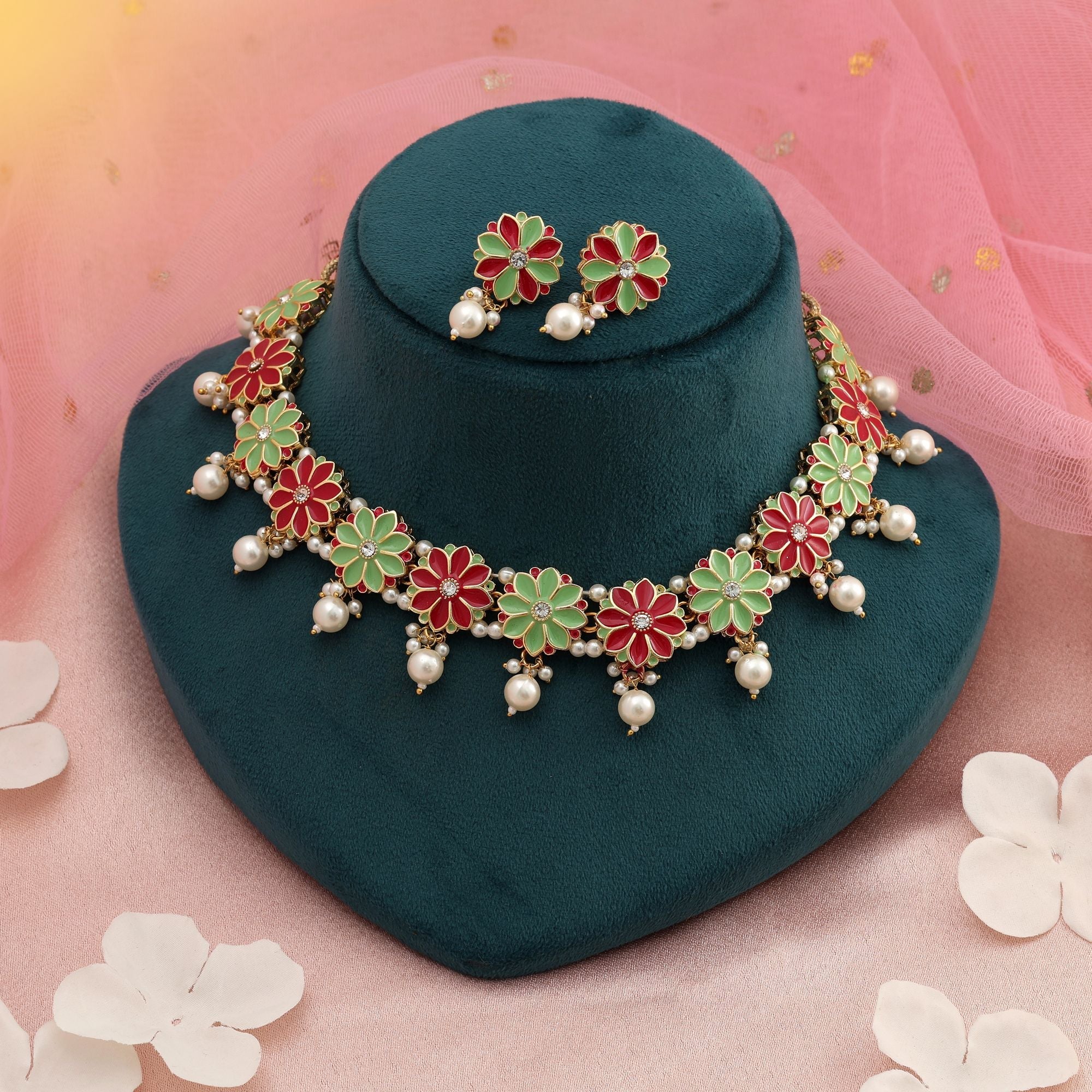 Rani & Pista Green Color Meenakari Necklace Set Bridal