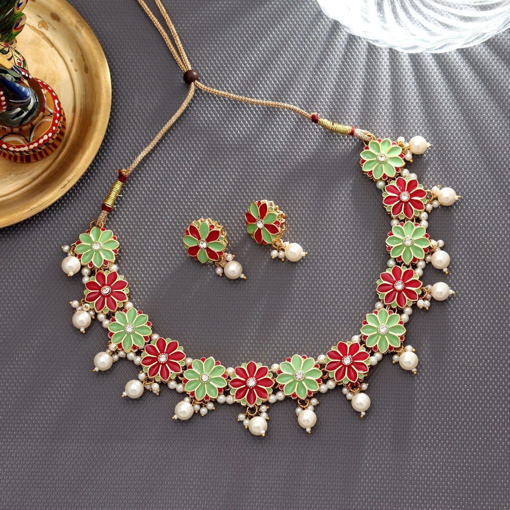 Rani & Pista Green Color Meenakari Necklace Set Bridal