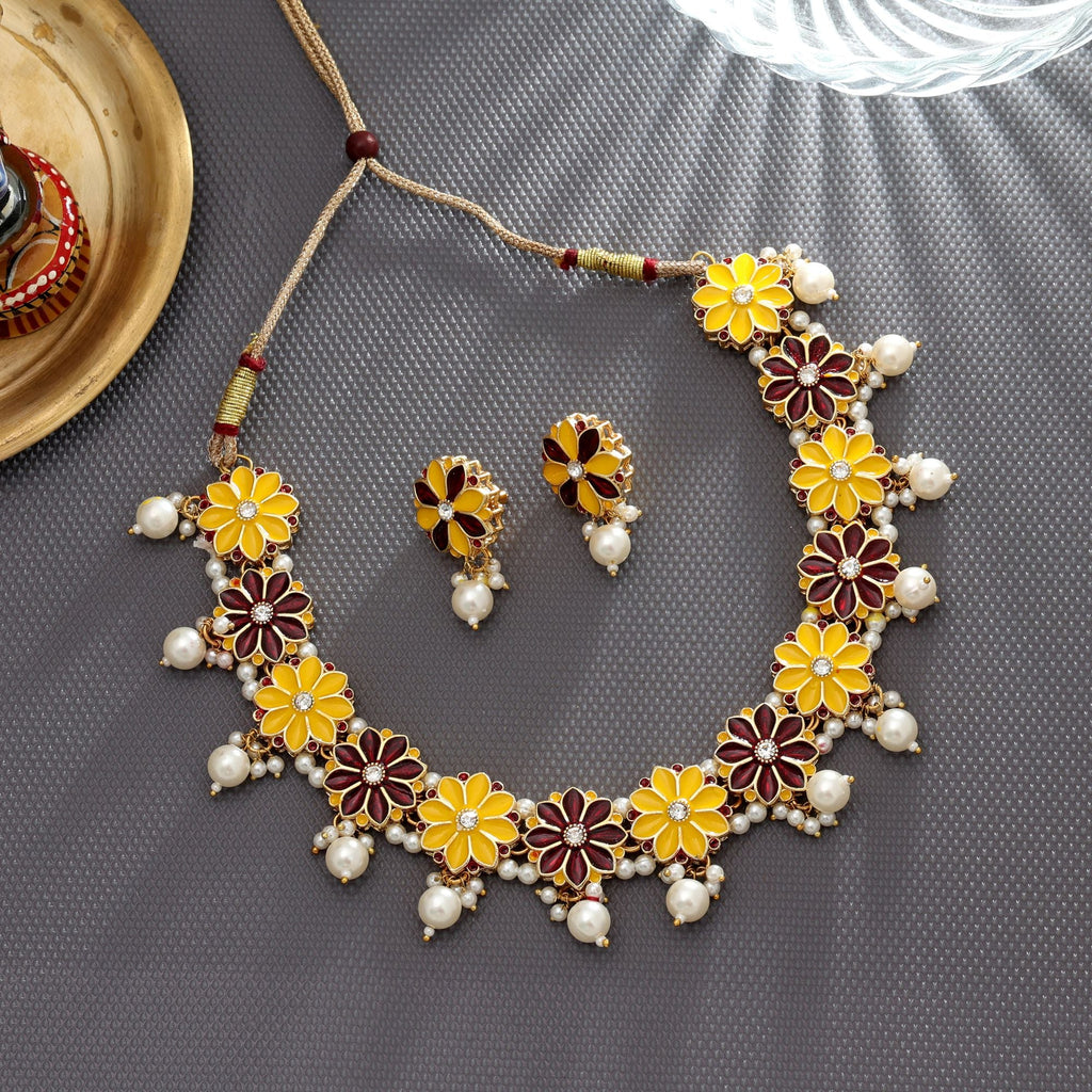 Yellow & Maroon Color Meenakari Necklace Set Traditional
