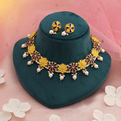 Yellow & Maroon Color Meenakari Necklace Set Traditional