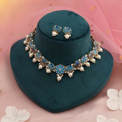 Firozi & Blue Color Meenakari Necklace Set Classic Style