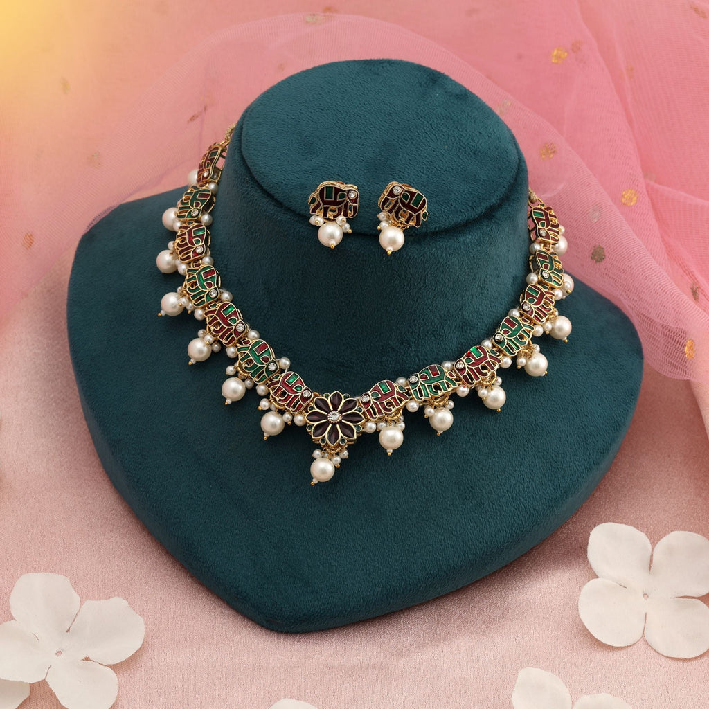 Maroon & Green Color Meenakari Necklace Set Royal Style