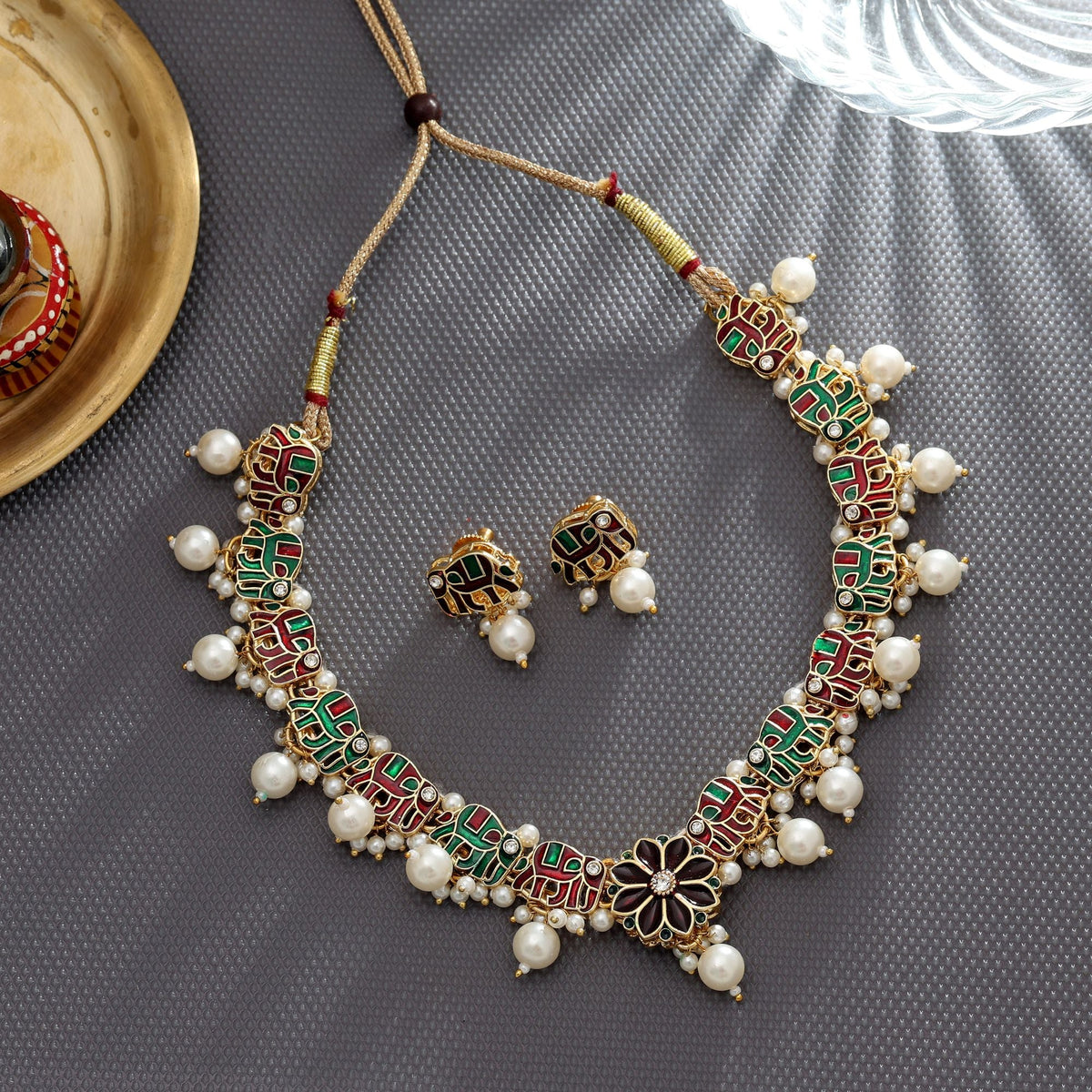 Maroon & Green Color Meenakari Necklace Set Royal Style