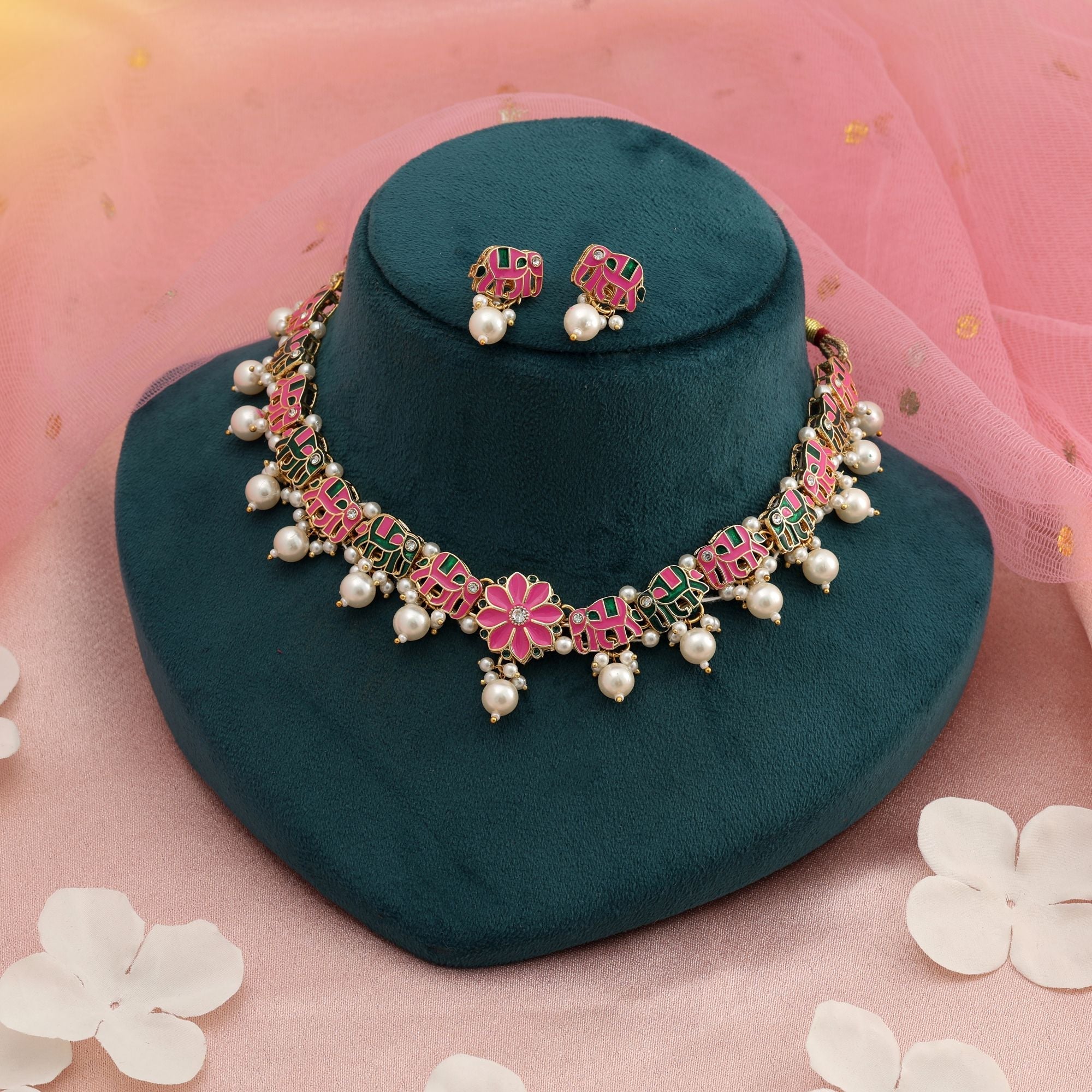 Pink & Green Color Meenakari Necklace Set Designer Style