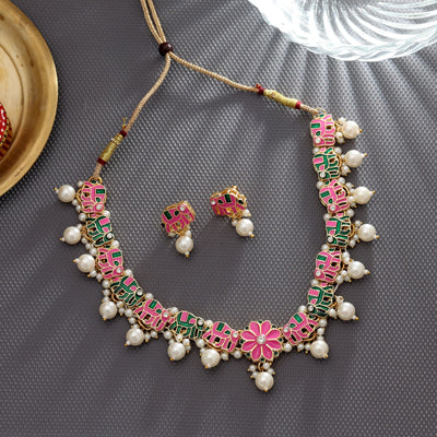Pink & Green Color Meenakari Necklace Set Designer Style