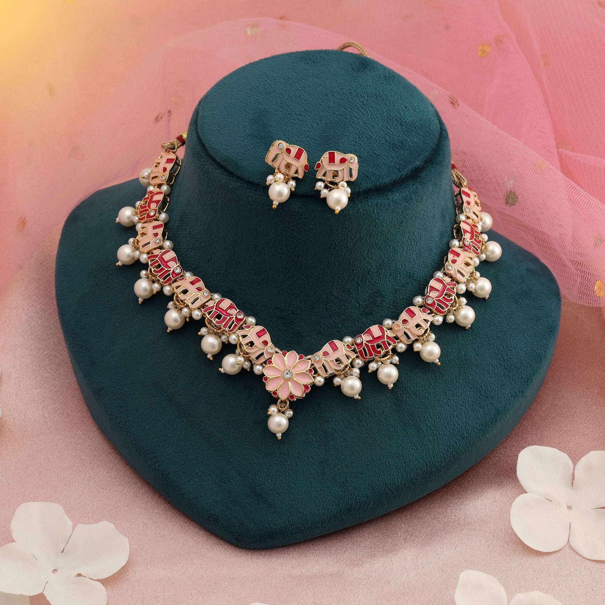 Rani & Peach Color Meenakari Necklace Set Designer Wear