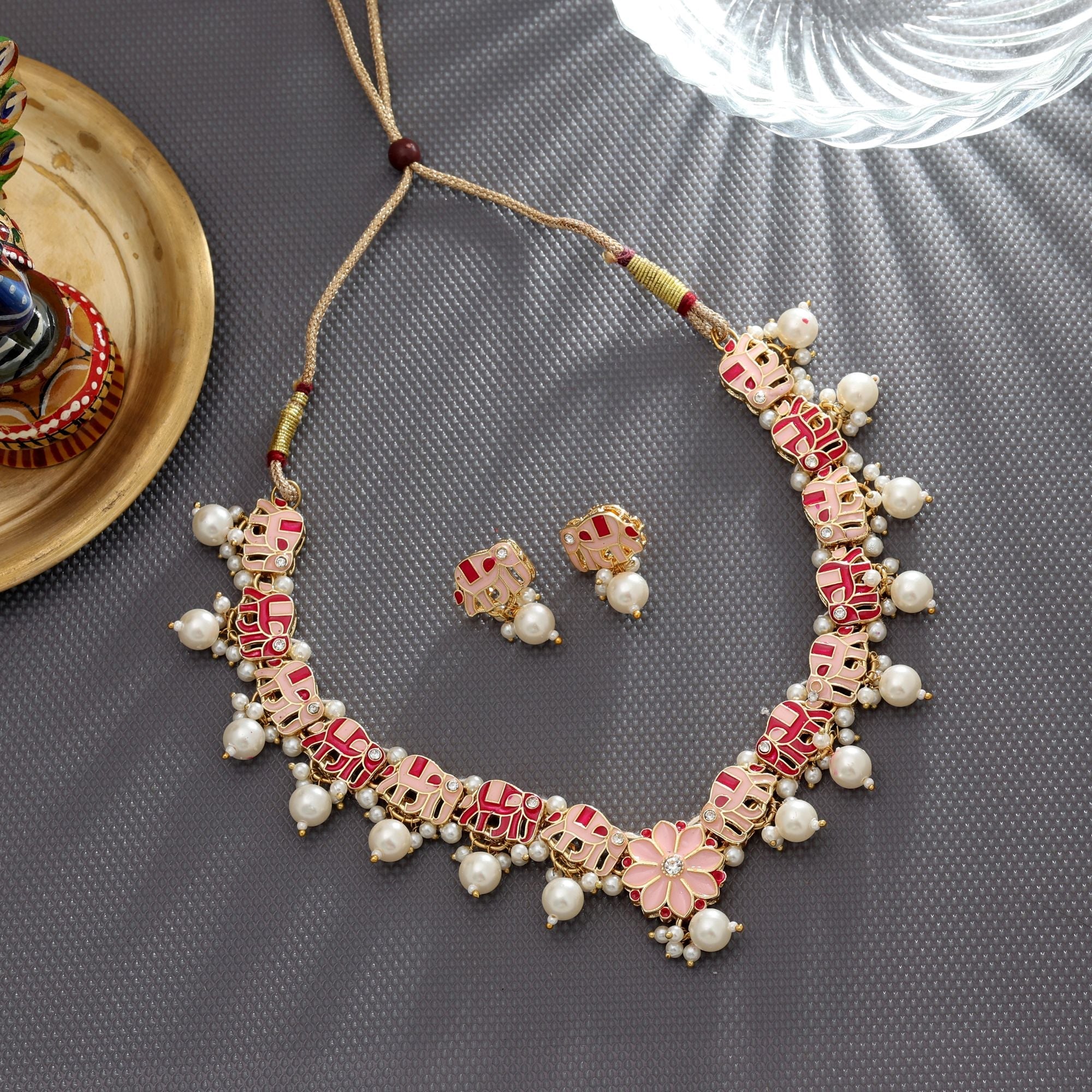 Rani & Peach Color Meenakari Necklace Set Designer Wear