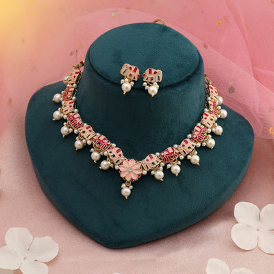 Rani & Peach Color Meenakari Necklace Set Designer Wear