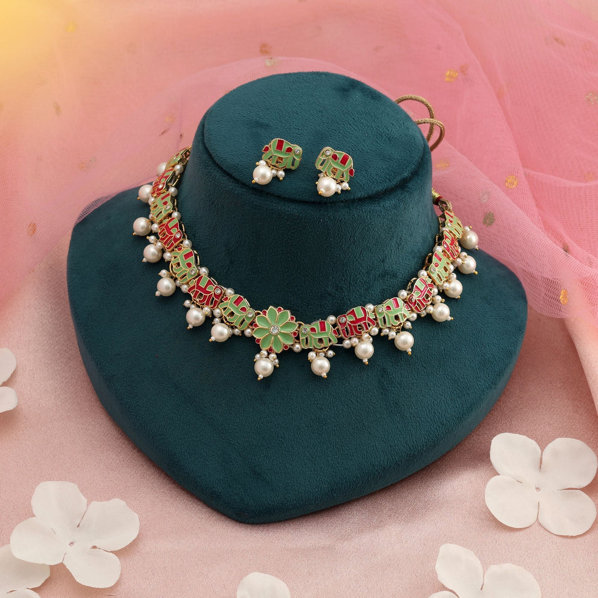 Rani & Pista Green Color Meenakari Necklace Set Wedding