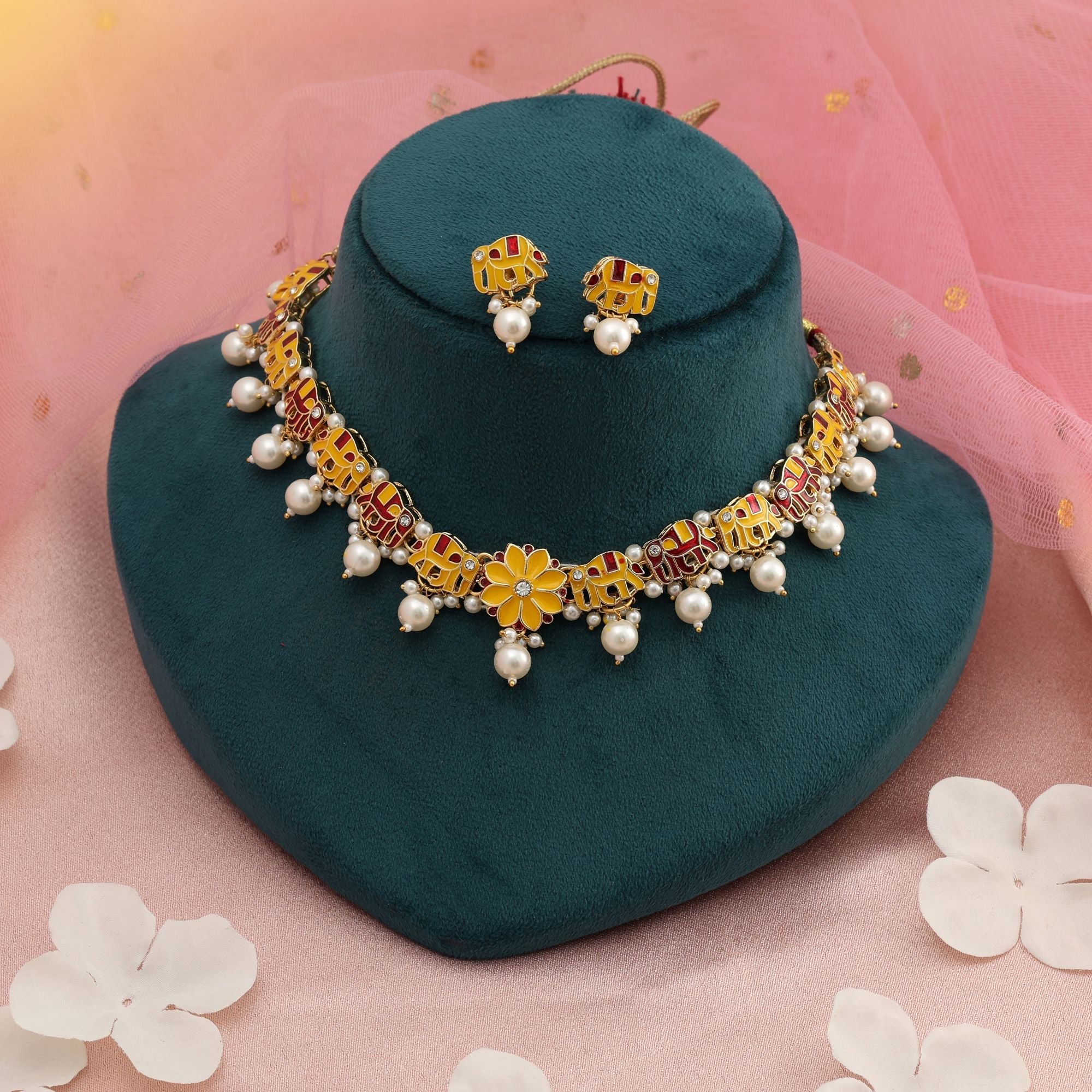 Yellow & Red Color Meenakari Necklace Set Bridal Wear