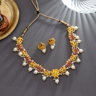 Yellow & Red Color Meenakari Necklace Set Bridal Wear