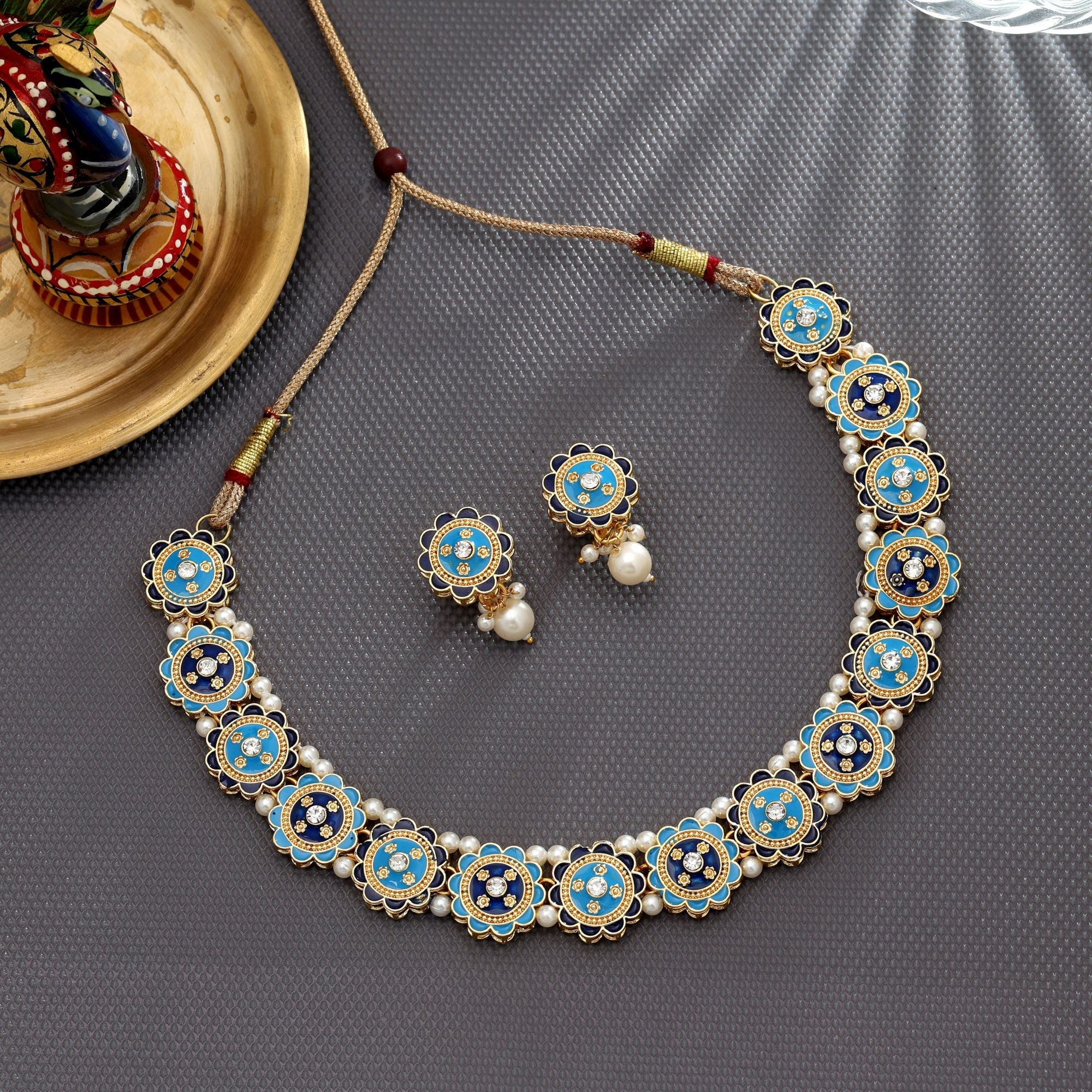 Firozi & Blue Color Meenakari Necklace Set Designer Wear
