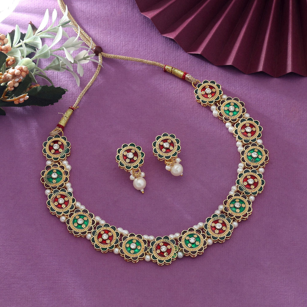Maroon & Green Color Meenakari Necklace Set Bridal Style