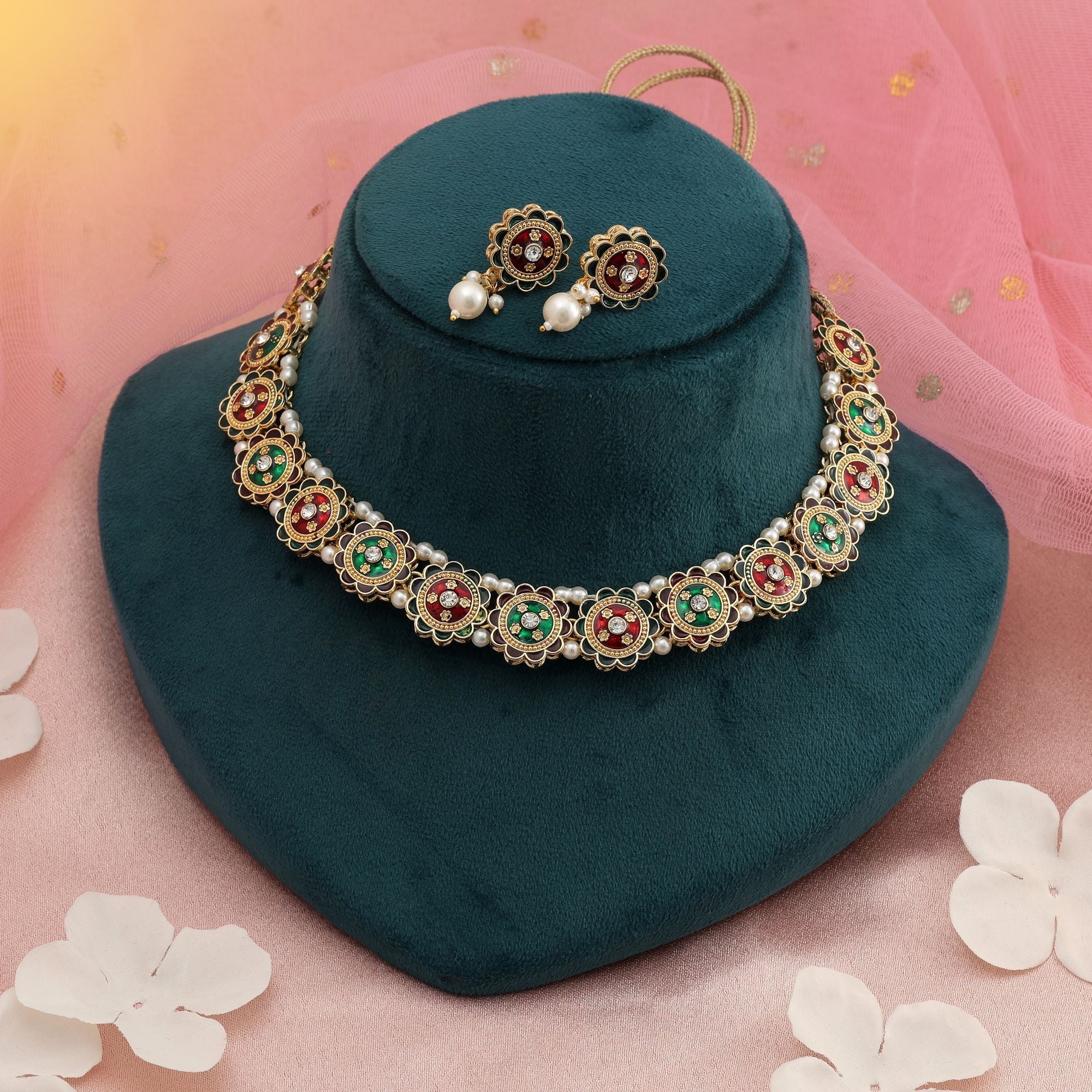 Maroon & Green Color Meenakari Necklace Set Bridal Style