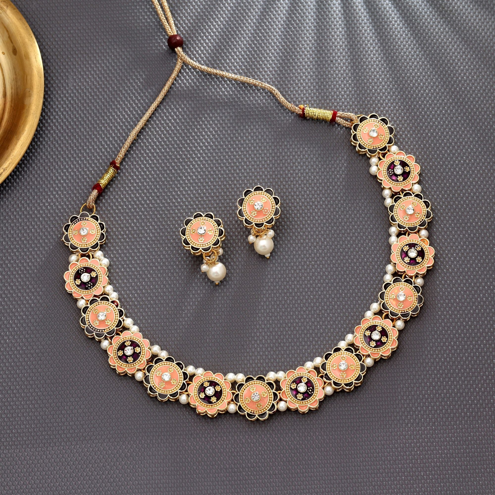 Peach & Purple Color Meenakari Necklace Set Elegant Wear