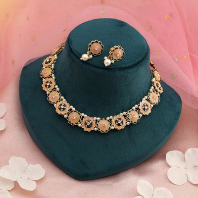 Peach & Purple Color Meenakari Necklace Set Elegant Wear