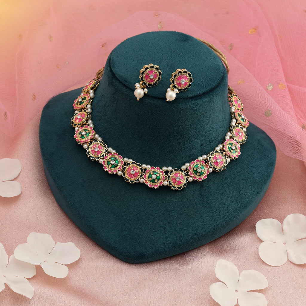 Pink & Green Color Meenakari Necklace Set Classic Style