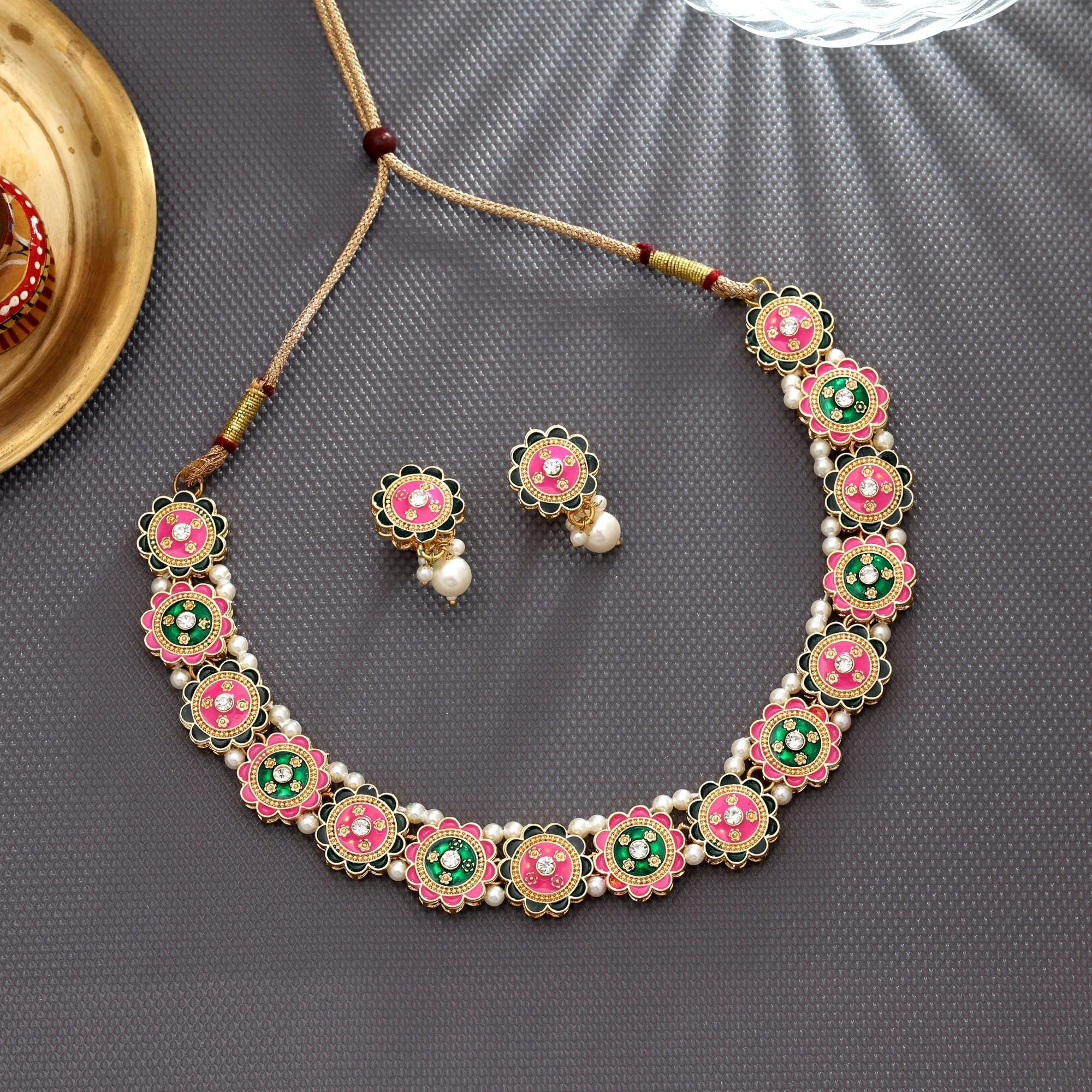 Pink & Green Color Meenakari Necklace Set Classic Style