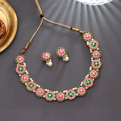 Pink & Green Color Meenakari Necklace Set Classic Style
