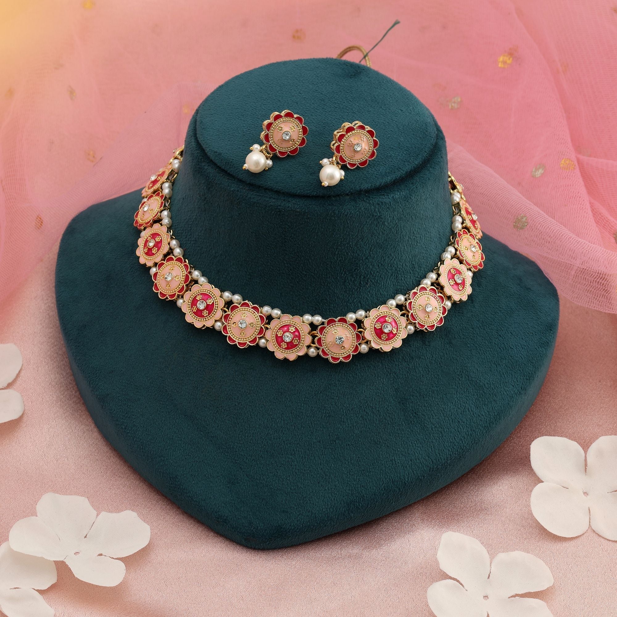 Rani & Peach Color Meenakari Necklace Set Festive Wear