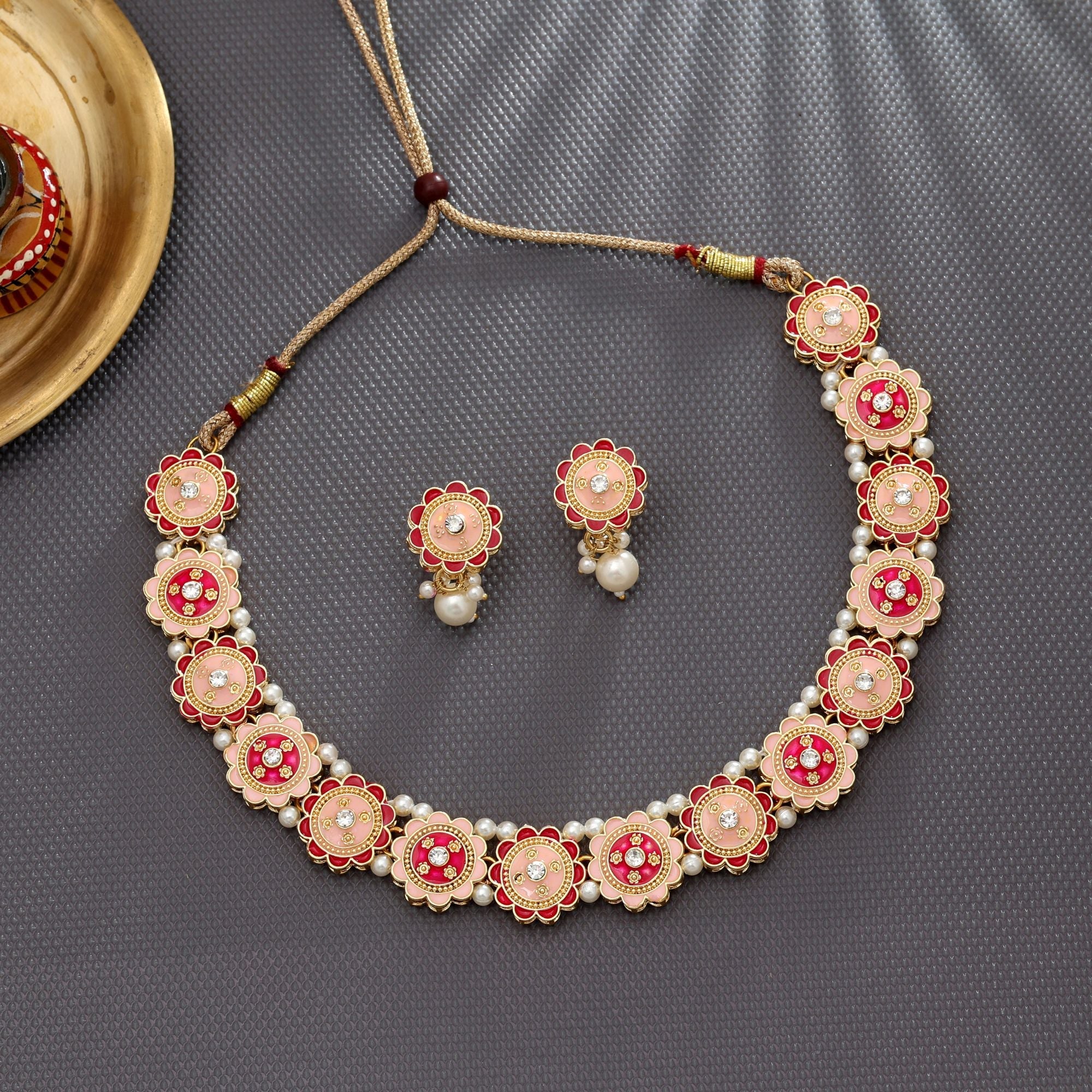 Rani & Peach Color Meenakari Necklace Set Festive Wear